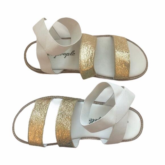 Free People Women's 10 Gold Leather Wood Platform Sole White Elastic Sandal - Picture 1 of 10